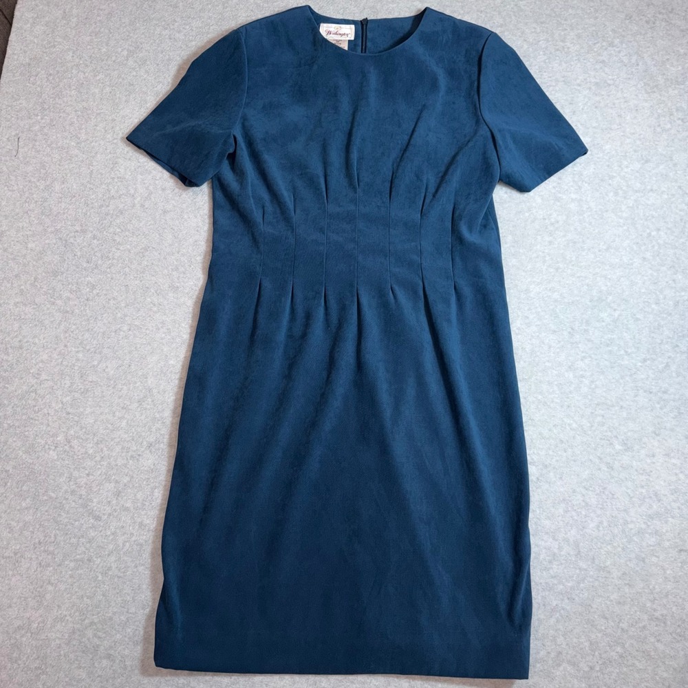 Vintage Worthington Sheath Dress 12P Dark Teal Faux Suede Pleated Short Sleeve - Picture 2 of 12